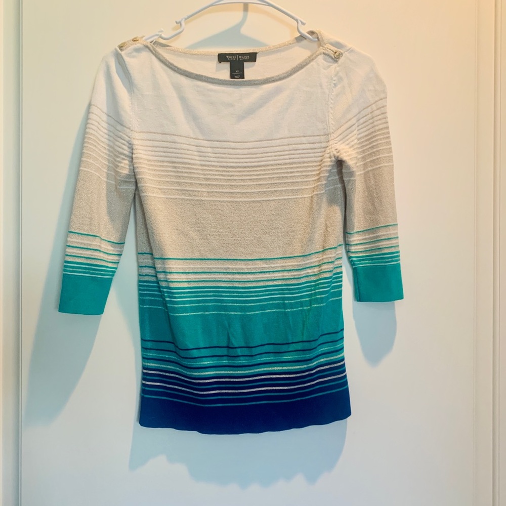 White House Black Market Women's Top XS - Striped Green /Blue / Gold Qtr Sleeve
